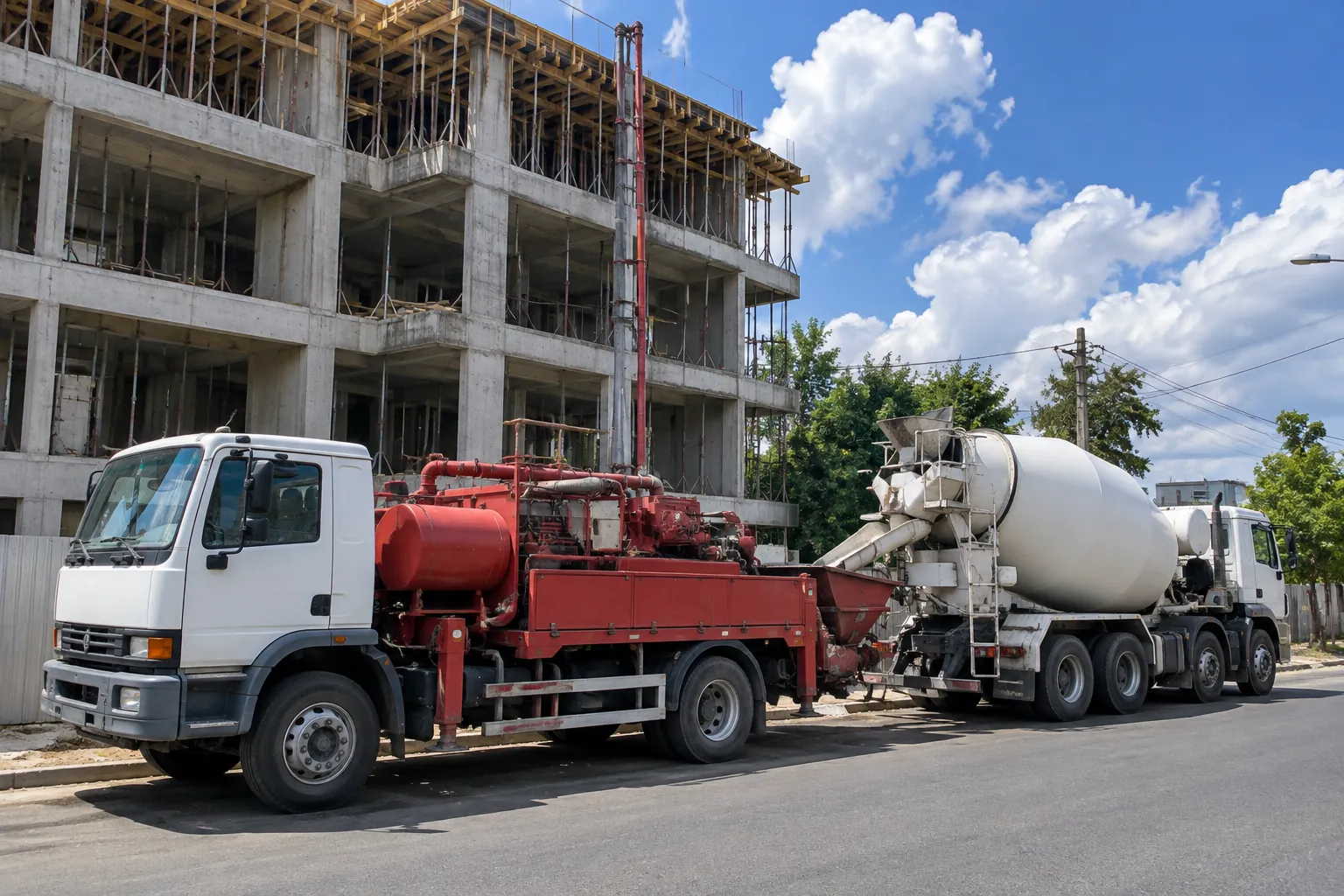 Bomba estacionária vermelha montada em caminhão, com a betoneira alinhada atrás descarregando no funil, em frente a um prédio em construção