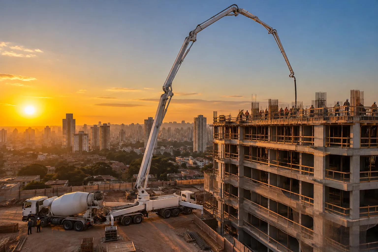 Bomba lança de 68 metros com a lança aberta concretando a laje de um prédio em construção ao entardecer