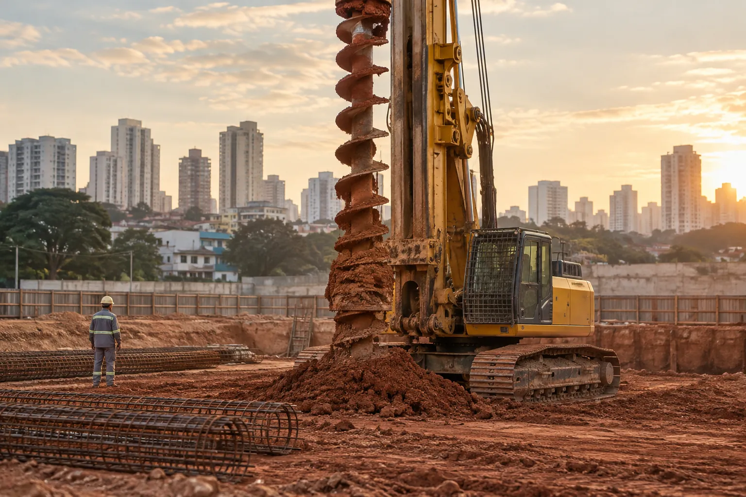 Perfuratriz de estaca hélice contínua furando o solo vermelho, com a terra subindo pela hélice e armaduras prontas ao lado