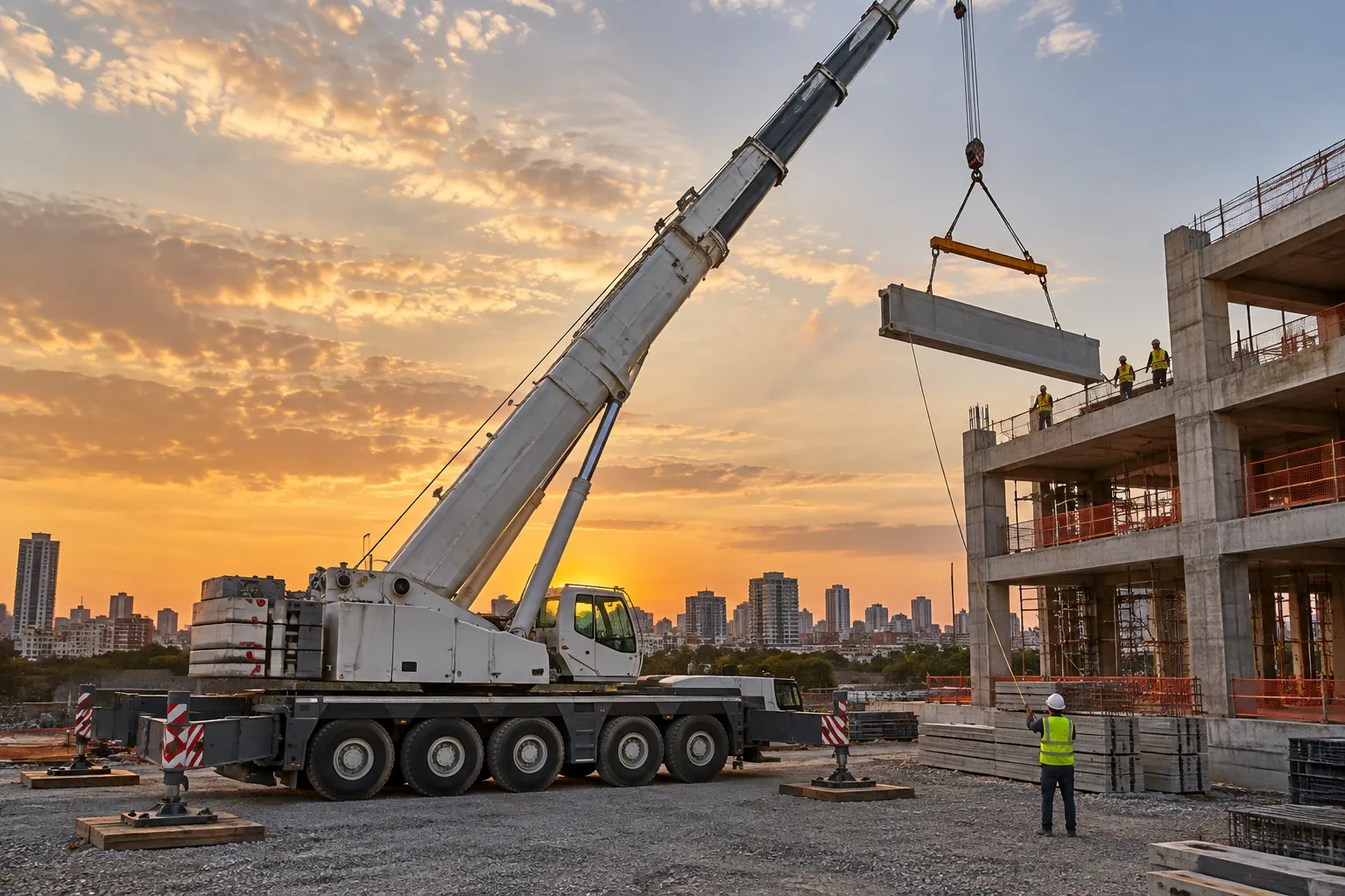 Guindaste de 5 eixos no chão, com as patolas abertas, içando uma viga pré-moldada até o último andar de um prédio em construção ao pôr do sol