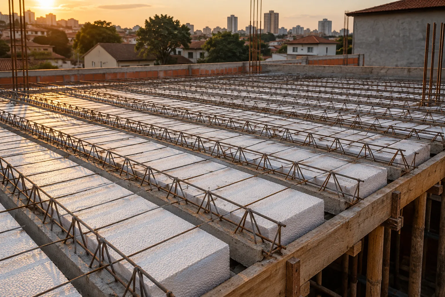Laje treliçada montada com vigotas, blocos de EPS e malha de aço, pronta para a concretagem