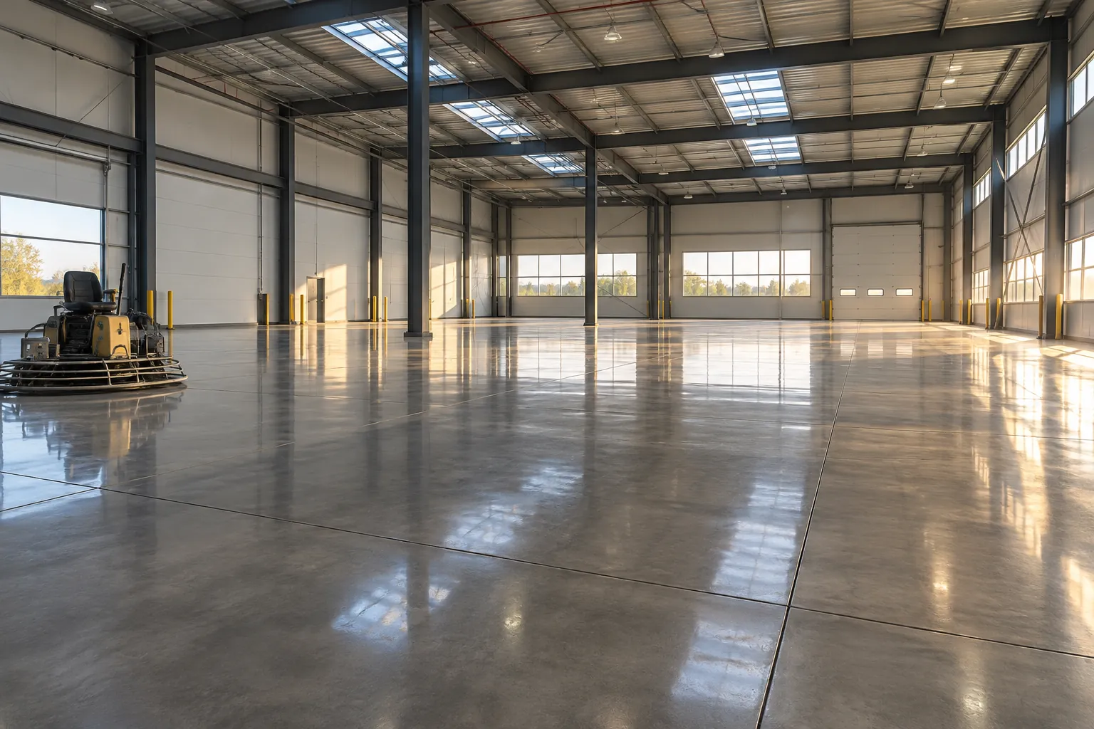 Galpão industrial vazio com piso de concreto polido e brilhante, com juntas serradas e acabadora ao fundo