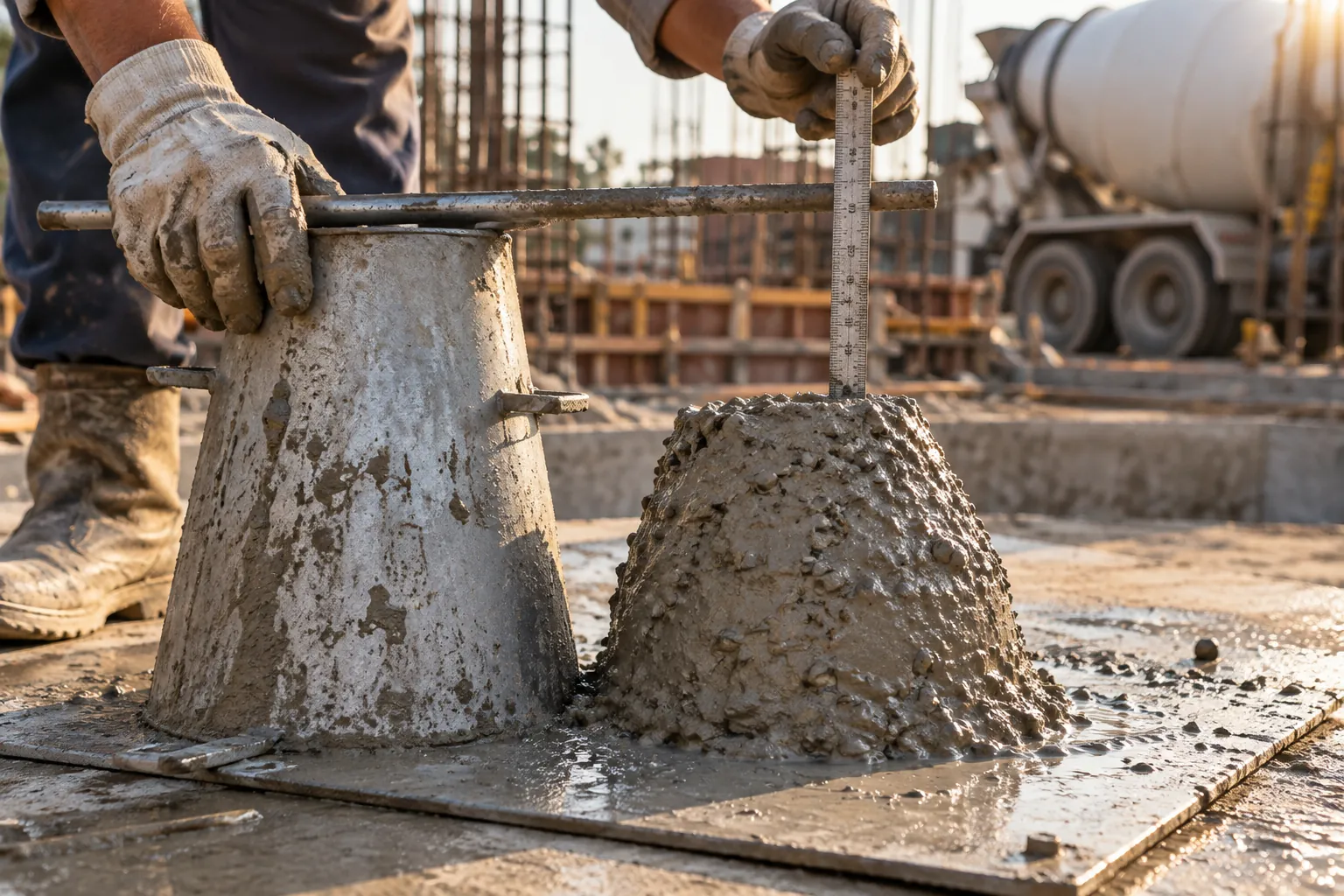 Técnico de luvas medindo o abatimento do concreto no ensaio de slump, com o cone metálico ao lado da massa
